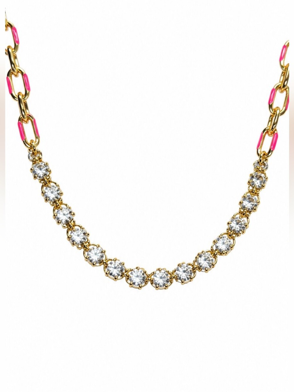 GOLD TONE Tennis Necklace with Rhinestones and Pink Gems